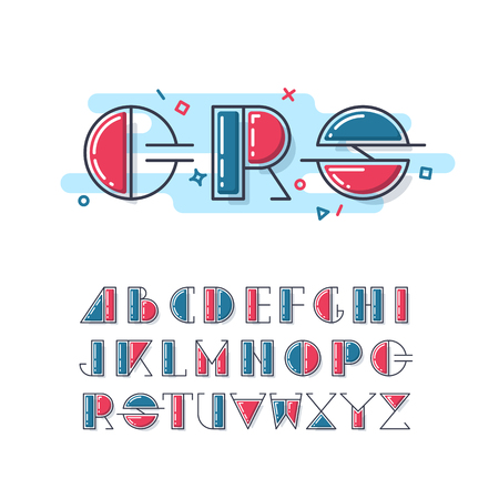 Mono line and color latin font, graphical upper case decorative type. Geometrical lineart alphabet.のイラスト素材