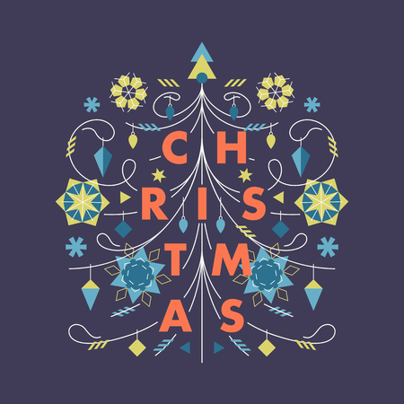 Flat ornamental xmas tree background, print. Creative spruce Christmas or New Year design card, poster.のイラスト素材