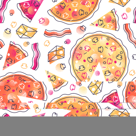 Seamless pattern with pizza, cheese and mushrooms, vector cuisine and pizzeria bright background.のイラスト素材