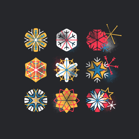 Set of color stylized and textured snowflakes, Christmas and New Year design elements for dark backgrounds. のイラスト素材