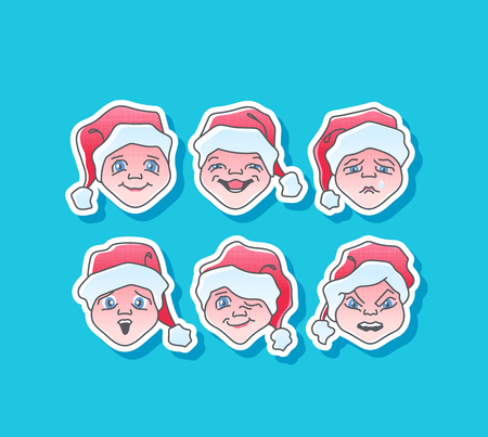 Santa Claus character cartoon illustrations, cute different face expressions' stickers. New Year and Cristmas' vector emoji.のイラスト素材