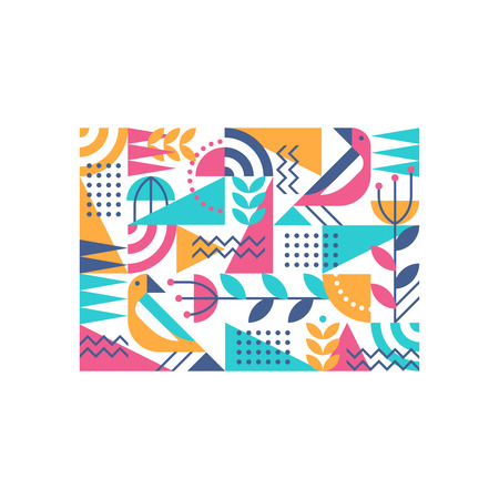 Ornamental flat and geometry design spring nature concept, summer poster, vector print with floral elements, geometrical shapes and birds.のイラスト素材