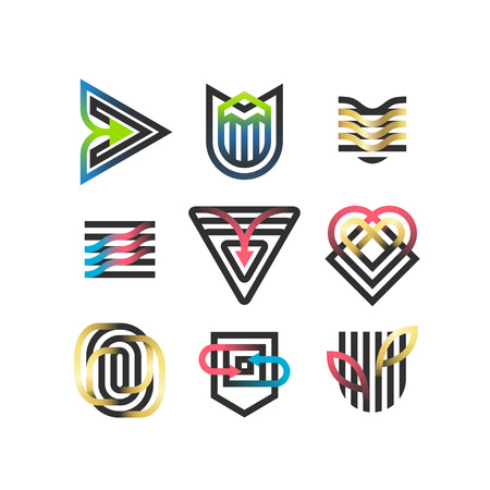 Vector set of abstract geometric symbols, thick black and gradient line logotypes and design elements. のイラスト素材
