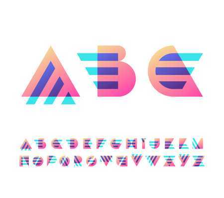 Parallel lines and color gradient blocks' latin font, graphical decorative type. のイラスト素材