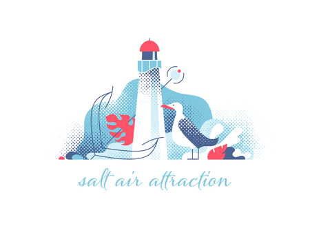Lighthouse with seagull and anchor modern illustration. Marine and ocean theme seaside background.のイラスト素材