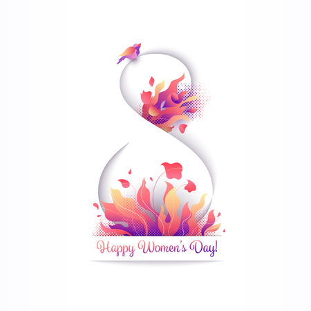 8 March greeting card with paper cut multi layered effect. Floral composition with flowers, bouquet and bird nightingale. Bright gradient International Women's Day postcard. のイラスト素材