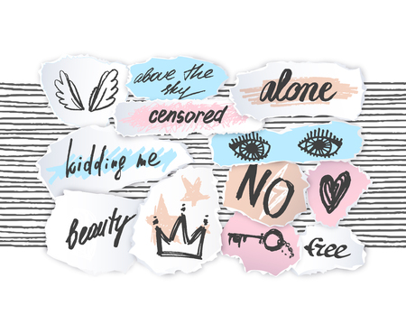 Torn off paper edges collage pieces  sketches set. Vector empty fashion design elements with hand drawn words, lettering, drawings.のイラスト素材