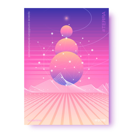 Fluid gradients A4 poster with planets, star sky and space landscape, abstract graphical color banner, modern vector vertical background.のイラスト素材