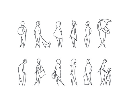 Vector set of stylized people figures, outline men and women in different poses.のイラスト素材