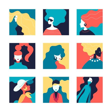 Vector set of stylized women illustrations, creative color avatars. のイラスト素材