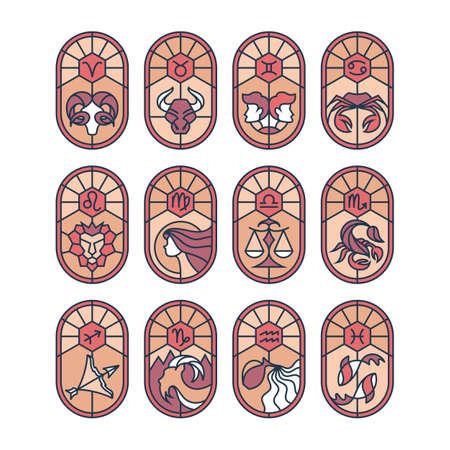 Graphical stained glass astrological symbols, color zodiacal signs' mosaic illustrations.のイラスト素材