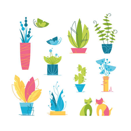 Colorful vector icons' set of indoor plants, cactuses and creative floral design elements.のイラスト素材