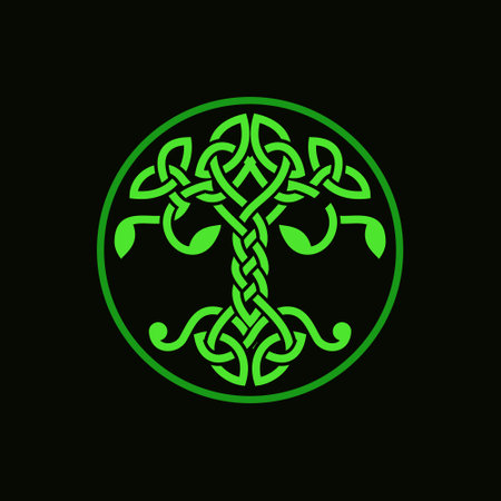 The image shows a green Celtic knot design in the shape of a tree within a circular borderのイラスト素材