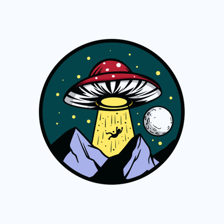 A UFO is abducting a person in a mountainous landscape with a moon in the backgroundのイラスト素材
