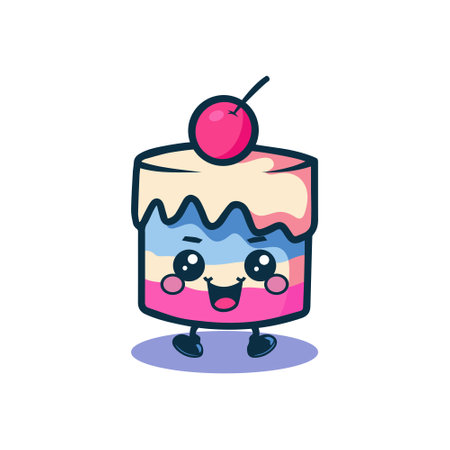 A cute, cartoonish cake with a cherry on top, smiling and walking with small legsのイラスト素材