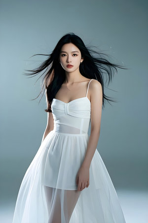 Portrait of beautiful asian woman in white dress with flying hairの素材