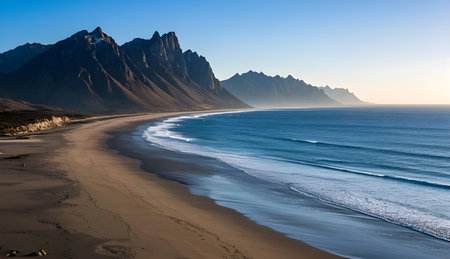 panoramic view of the beach with a mountain backdropの素材
