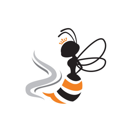 illustration of a bee with a crown, featuring black and orange stripes and wings, with a smoke-like trail behind itのイラスト素材