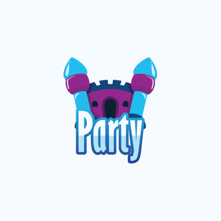 A playful logo design featuring a purple and blue bouncy castle with turrets and the word 'Party' underneathのイラスト素材