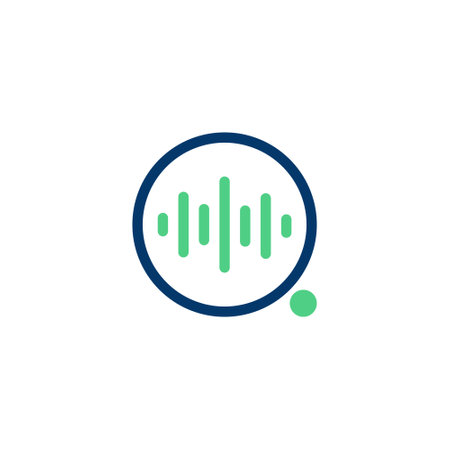 A minimalist design showing a navy blue circle with green vertical lines inside, accompanied by a small green dot outside the circle.のイラスト素材