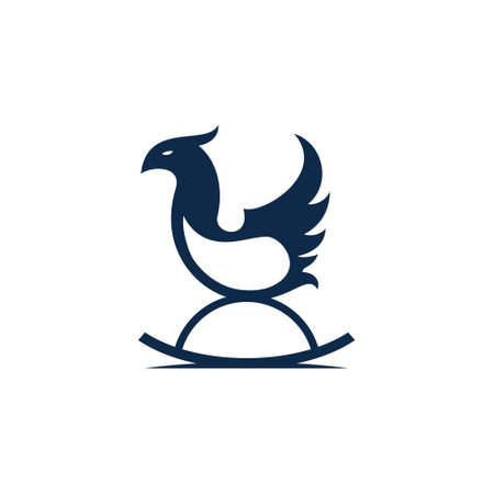 A stylized navy blue bird silhouette sitting on a curved rocking baseのイラスト素材