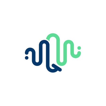 A minimalist logo design featuring curved lines in navy blue and mint green colors forming an...