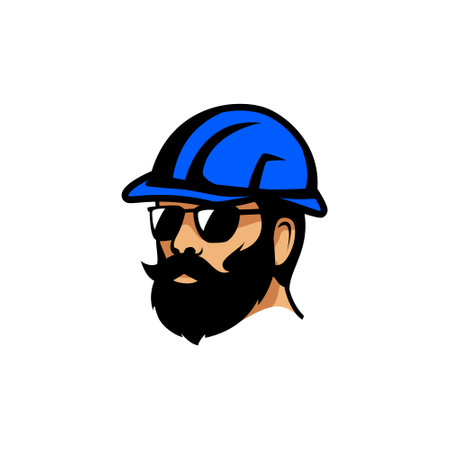 A cartoon illustration of a person wearing a blue hard hat, with the face blurred outのイラスト素材