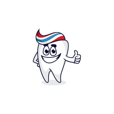 A cartoon tooth character with a smiling face, red, white, and blue striped toothpaste-like hair, giving a thumbs-up gesture.のイラスト素材