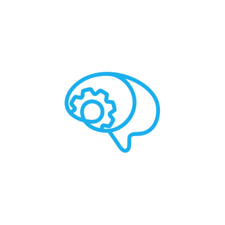 A blue outline of a brain with a gear inside it, symbolizing artificial intelligence or cognitive processesのイラスト素材