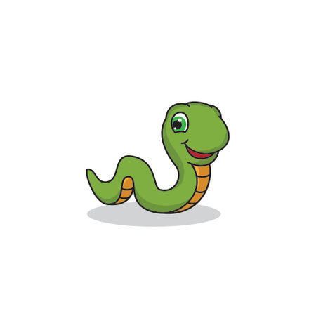 A cartoon illustration of a green worm with a smiling face and a segmented orange underbelly, casting a shadow on a white backgroundのイラスト素材
