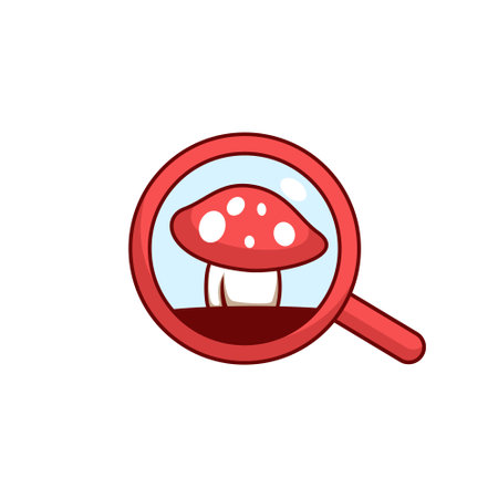 A red and white mushroom is centered inside a magnifying glass.のイラスト素材