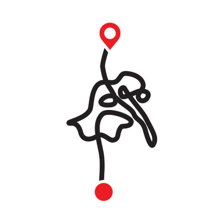 A stylized map with a red location pin at the top and a red dot at the bottom, connected by a winding black pathのイラスト素材
