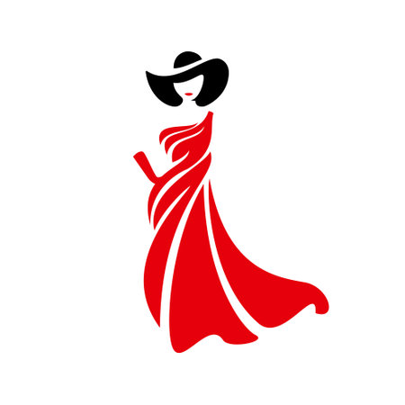stylized illustration of a woman in a flowing red dress and a wide-brimmed hatのイラスト素材