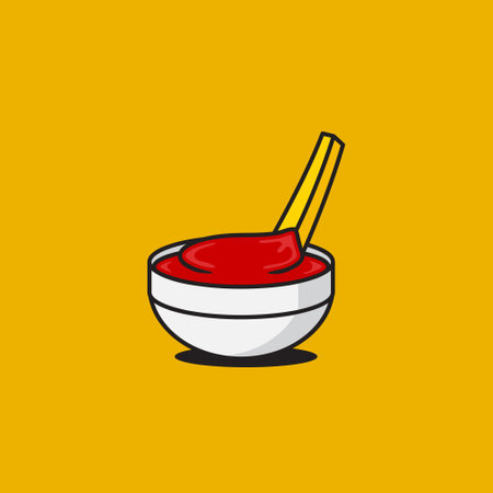 white bowl filled with red sauce and two yellow chopsticks on a yellow background.のイラスト素材