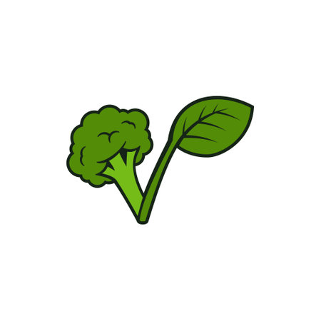 cartoon-style illustration of a green broccoli floret with a single leaf attached to its stemのイラスト素材