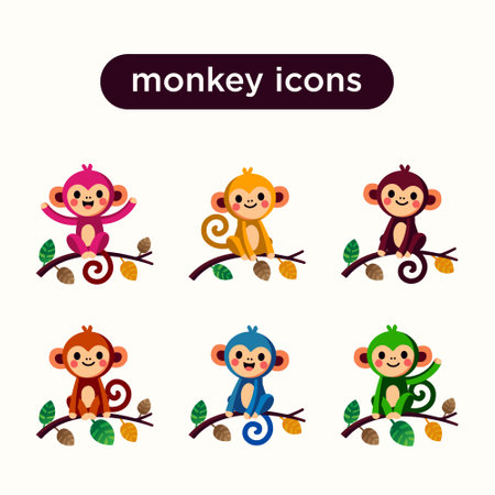 Six colorful monkey icons sitting on branches with leaves, each in a different color: pink, yellow, brown, red, blue, and greenのイラスト素材