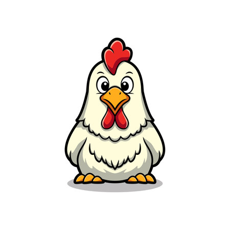 A cartoon illustration of a white chicken with a red comb and wattle, standing upright and looking forwardのイラスト素材