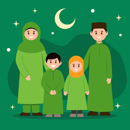 A happy Muslim family in green traditional attire, celebrating together under a crescent moon and stars.のイラスト素材