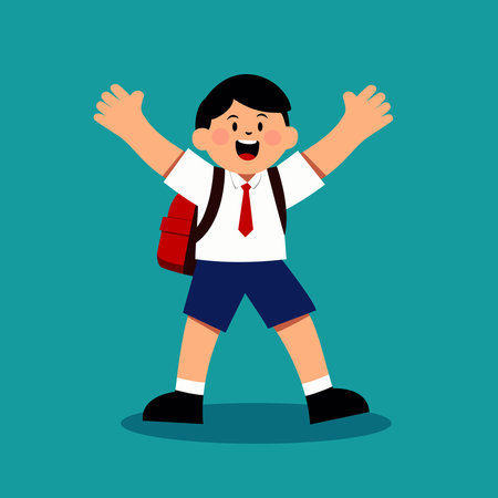 Happy schoolboy with a backpack, excited for school. Education, childhood, and back to school concept.のイラスト素材
