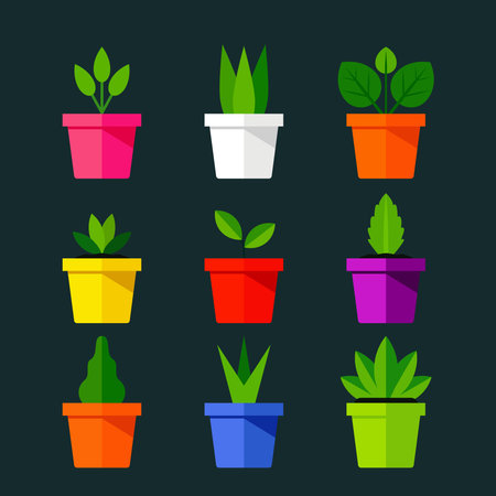 Set of nine colorful potted plants. Ideal for gardening, nature, and home decor themes.のイラスト素材