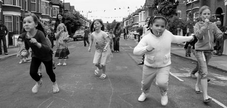 Balham, London, UK, May 16th 2009 children playing a game at a childrens street partyのeditorial素材