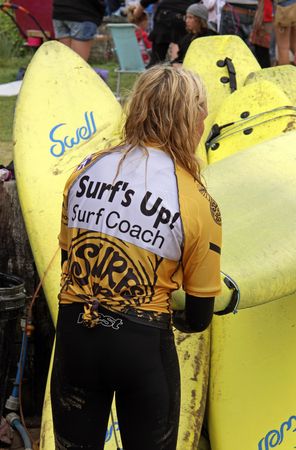 Polzeath, Cornwall, UK, 27th August 2009 surfing instructor at a surf school