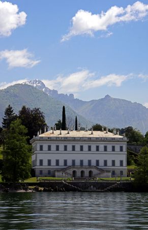 A house on the shore of Lake Como in Italy with Treviso mountainsの写真素材