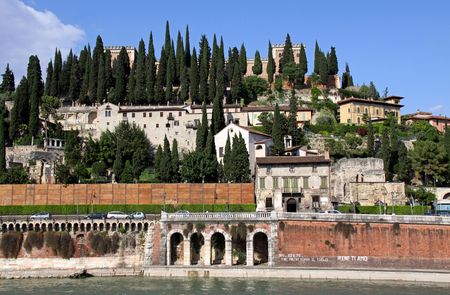 Italian architecture of Verona along the river Adigeの写真素材
