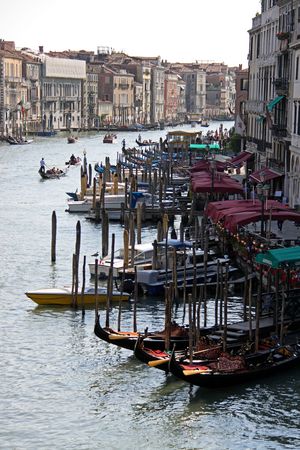 From the Rialto Bridge, Venice, Italy, 21/5/10 tourist river boats and gondolas and gondoliersのeditorial素材