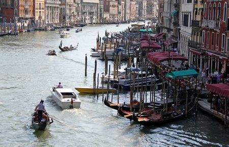 From the Rialto Bridge, Venice, Italy, 21/5/10 tourist river boats and gondolas and gondoliersのeditorial素材