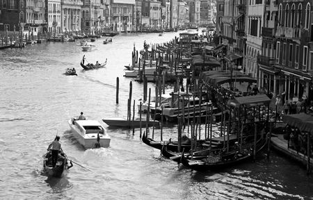 From the Rialto Bridge, Venice, Italy, 21/5/10 tourist river boats and gondolas and gondoliersのeditorial素材