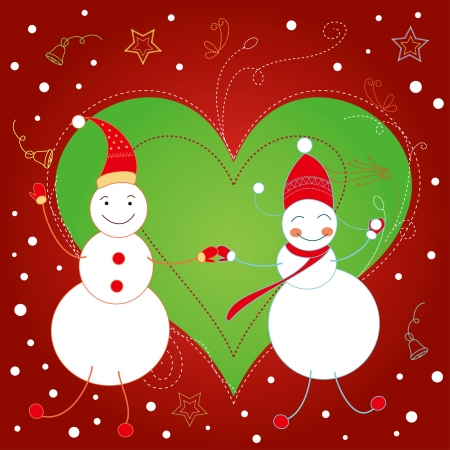 Two snow men on a heart shape のイラスト素材