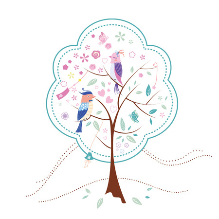 Tree, birds, butterfly and love, two birds on treeのイラスト素材