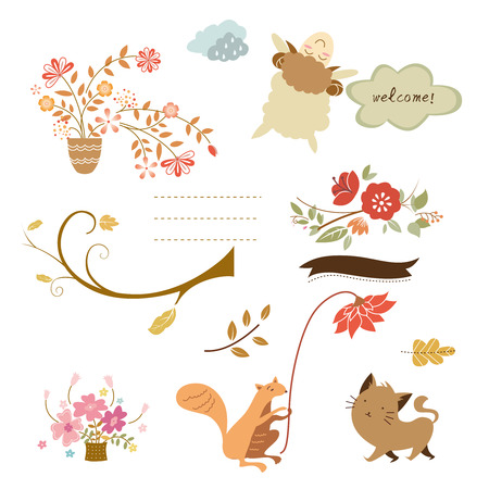 cute flower and animal elementのイラスト素材